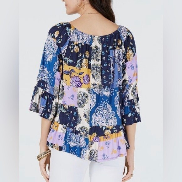 Style & Co on or off shoulder boho patchwork print long bell sleeve top size XS - Picture 3 of 8